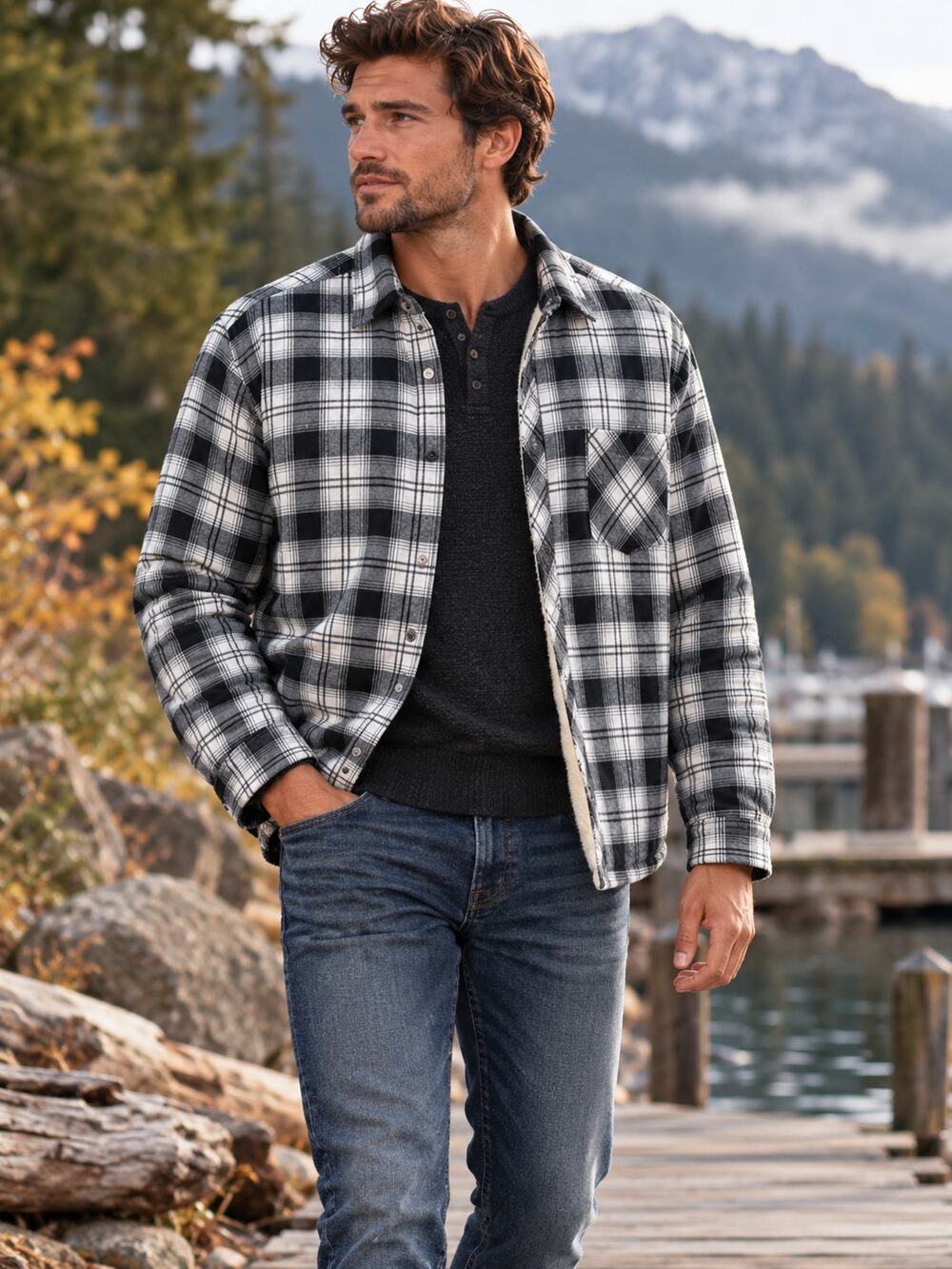 TOPOT MAN Black White Plaid Warm Lined Shirt Jacket Shacket Men's Large